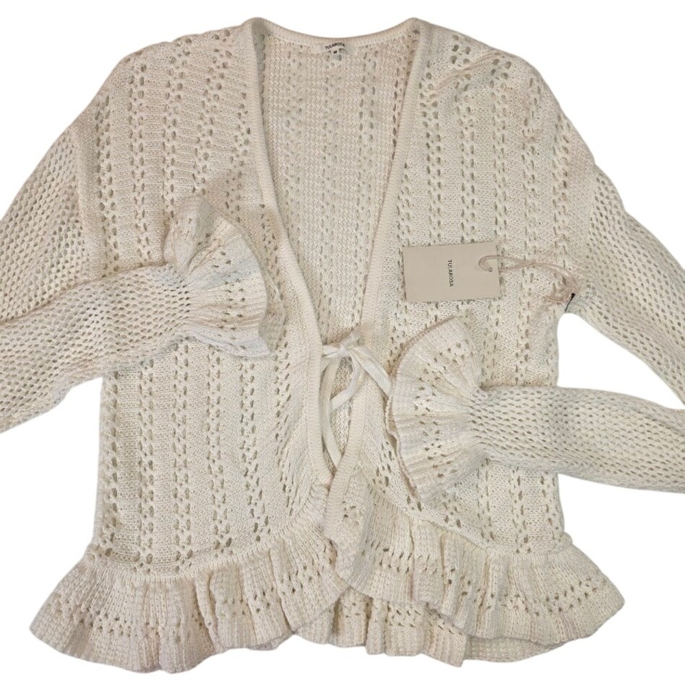 Tularosa Women's M Ohana Crochet Cardigan Ivory Pointelle Ruffle Tie Front NEW
